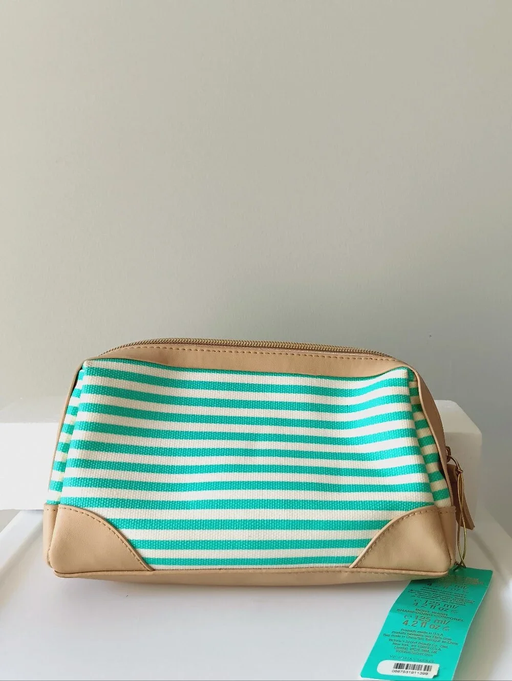 Victoria's Secret Pure Daydream Cosmetics Bag Striped Faux Leather Aqua White